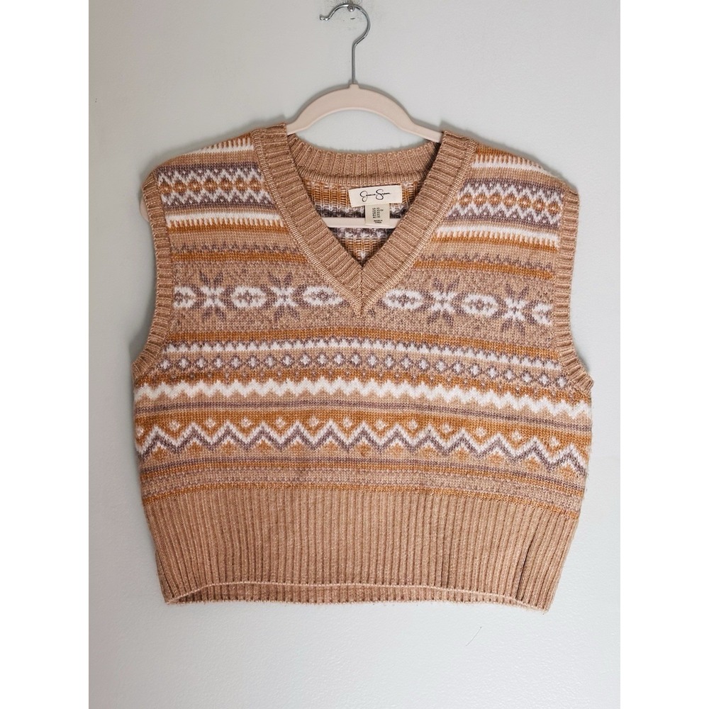 Jessica Simpson Women Fair Isle Sweater Vest XS Tan Knit Old Money Preppy Soft